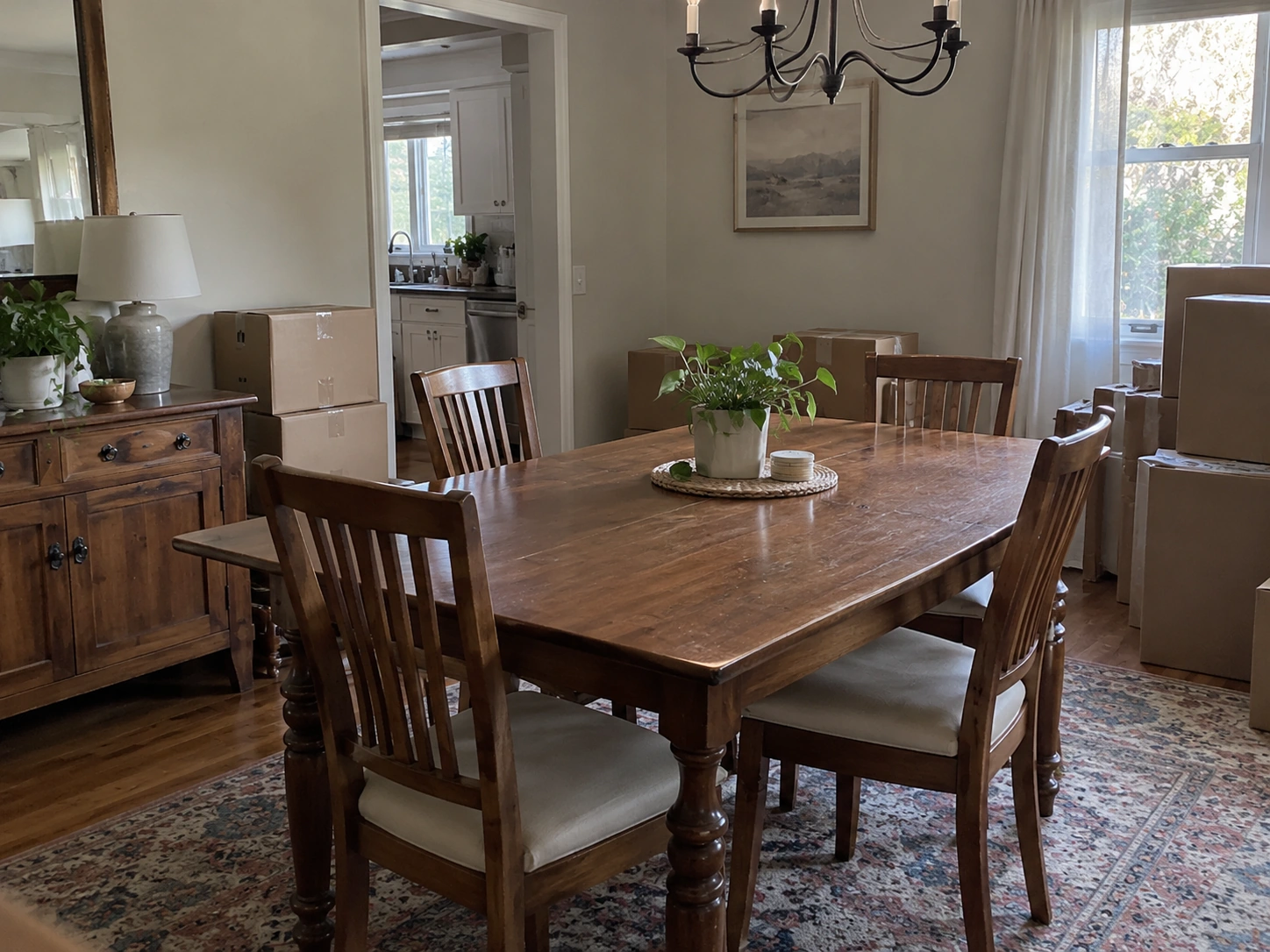 Unstaged dining area with a few closed moving boxes